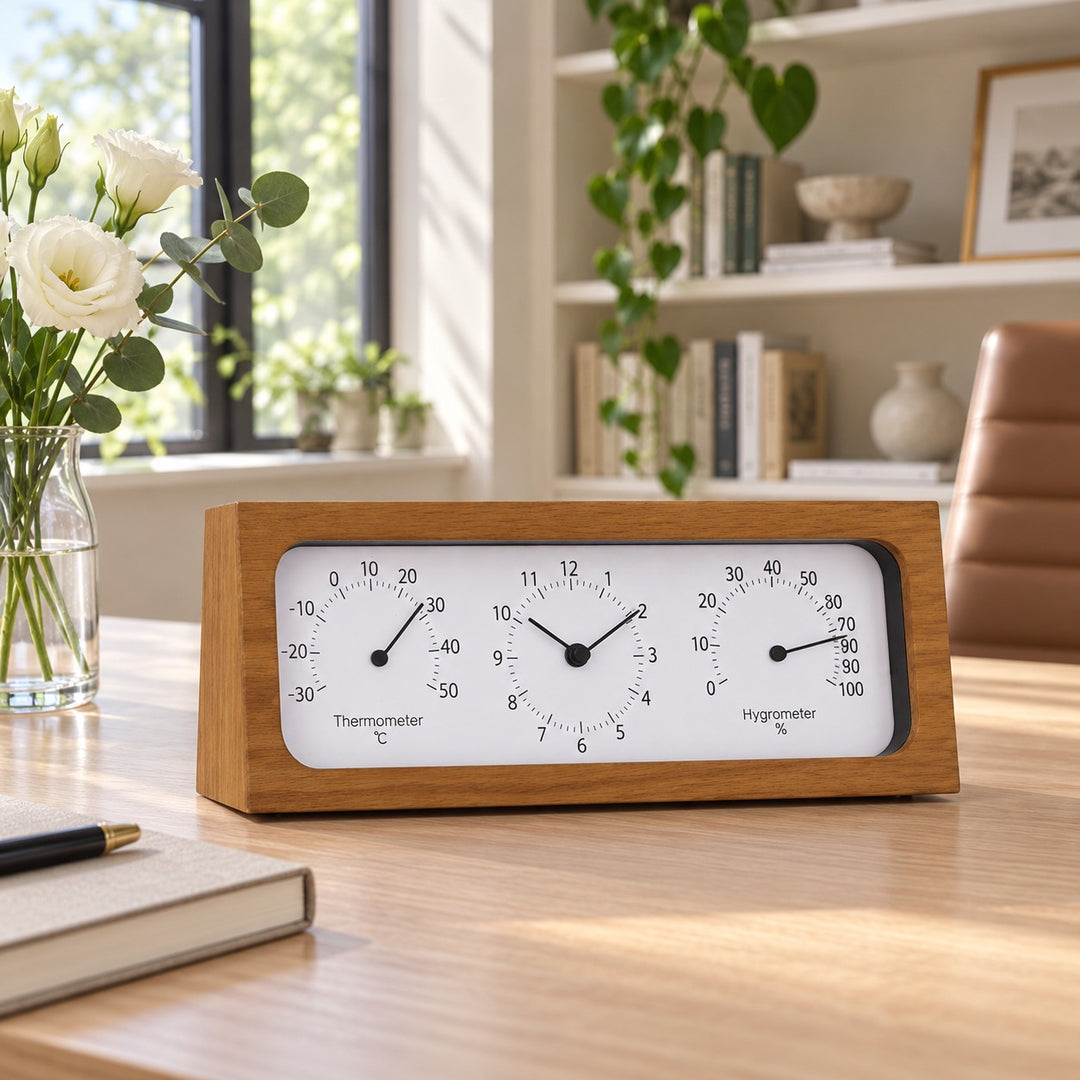 Minimalist Wooden Desk Clock with Temperature and Humidity Meter Battery Operated Bamboo