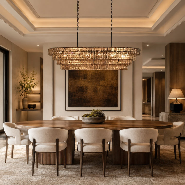 Modern Oval Chandelier Light Adjustable Hanging Steel Glass Fixture with 5 or 12 Bulb Options
