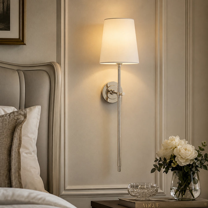 Modern Brass Wall Sconce Wall Mounted Tapered Fabric Shade LED Compatible Indoor Light