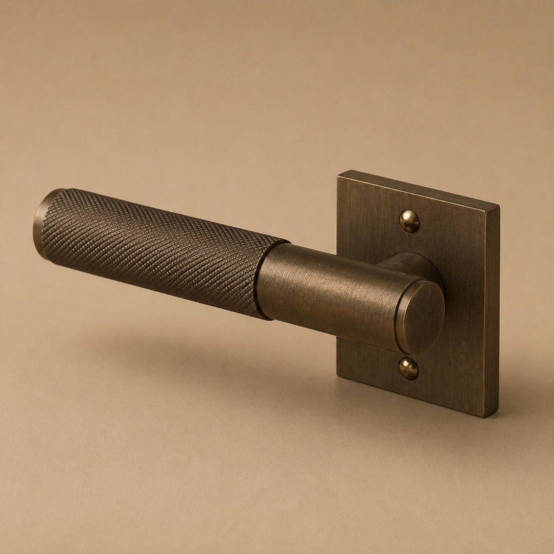 Modern Brass Door Handle with Knurled Grip and Square or Round Rosette for Internal Use