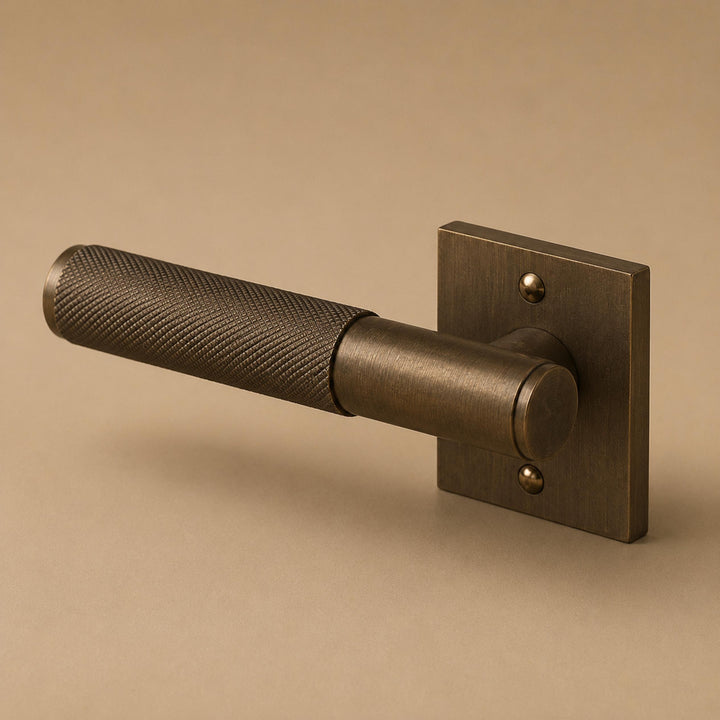 Modern Brass Door Handle with Knurled Grip and Square or Round Rosette for Internal Use