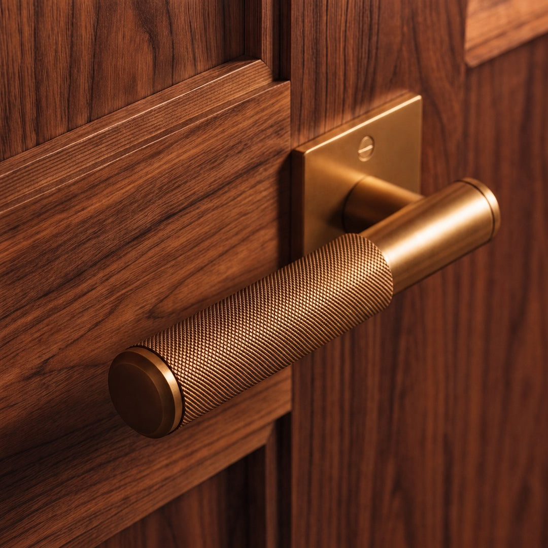 Modern Brass Door Handle with Knurled Grip and Square or Round Rosette for Internal Use