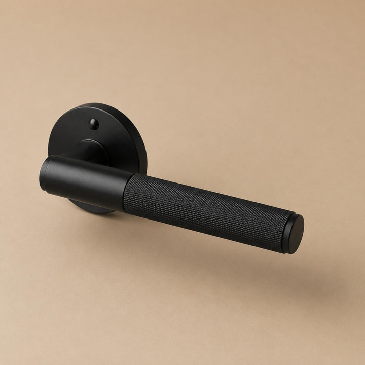 Modern Brass Door Handle with Knurled Grip and Square or Round Rosette for Internal Use