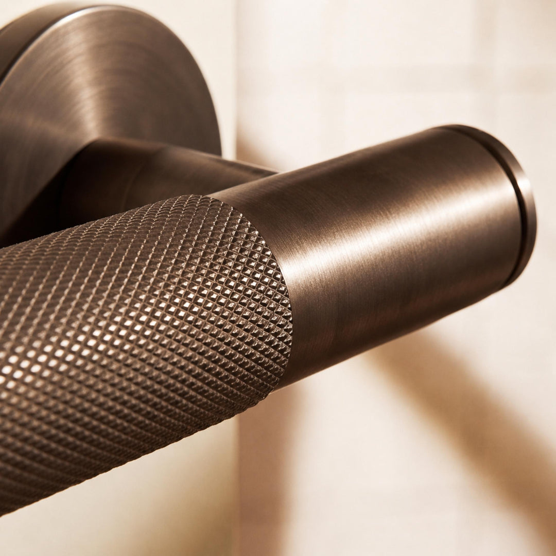Modern Brass Door Handle with Knurled Grip and Square or Round Rosette for Internal Use