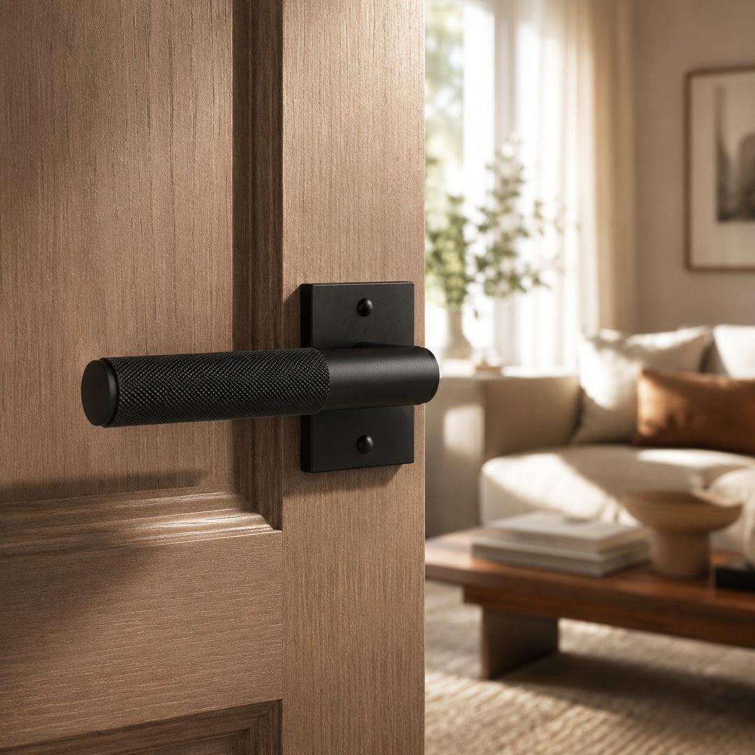 Modern Brass Door Handle with Knurled Grip and Square or Round Rosette for Internal Use