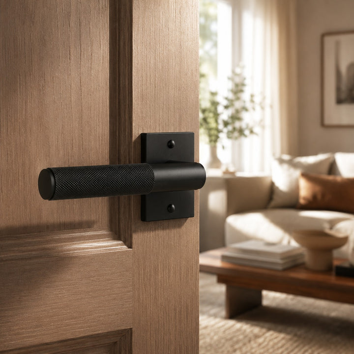 Modern Brass Door Handle with Knurled Grip and Square or Round Rosette for Internal Use