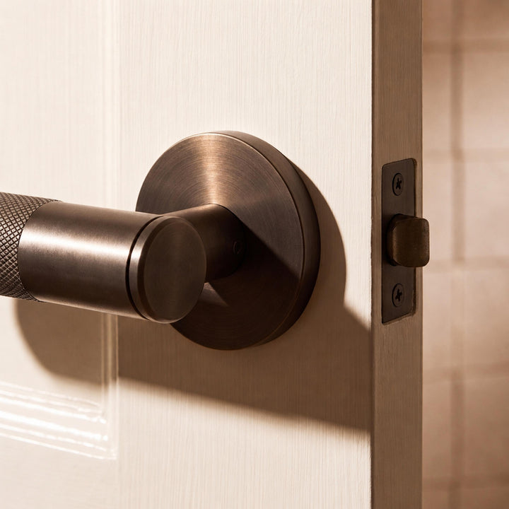 Modern Brass Door Handle with Knurled Grip and Square or Round Rosette for Internal Use