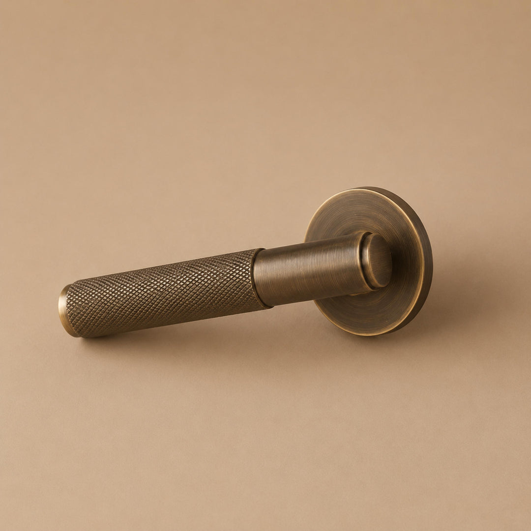 Modern Brass Door Handle with Knurled Grip and Square or Round Rosette for Internal Use