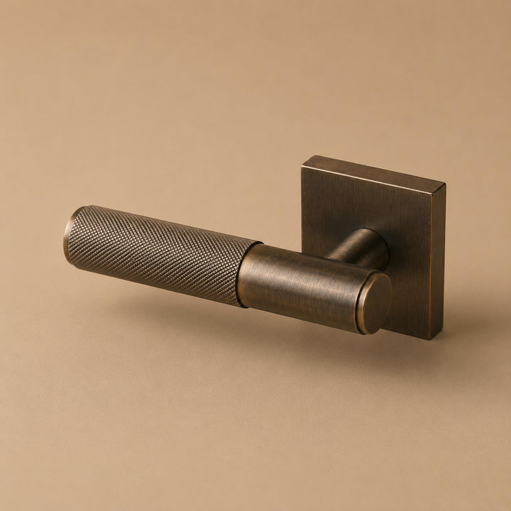Modern Brass Door Handle with Knurled Grip and Square or Round Rosette for Internal Use