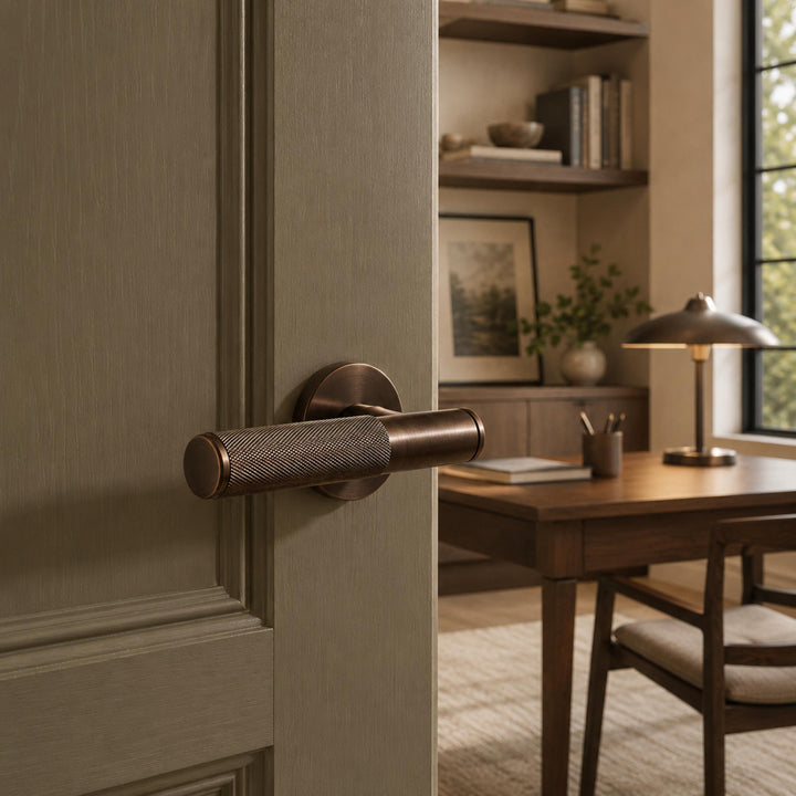Modern Brass Door Handle with Knurled Grip and Square or Round Rosette for Internal Use