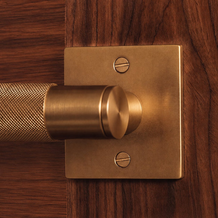 Modern Brass Door Handle with Knurled Grip and Square or Round Rosette for Internal Use