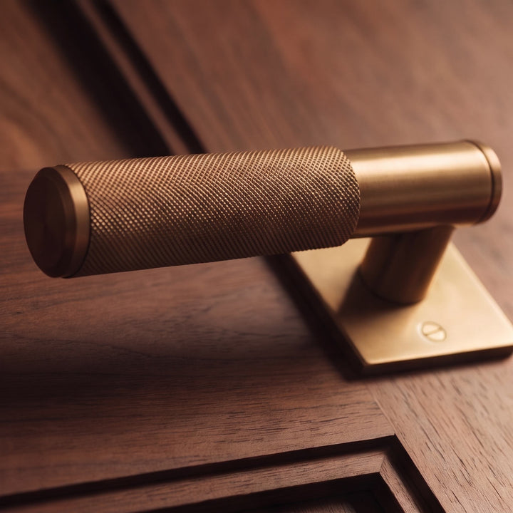 Modern Brass Door Handle with Knurled Grip and Square or Round Rosette for Internal Use
