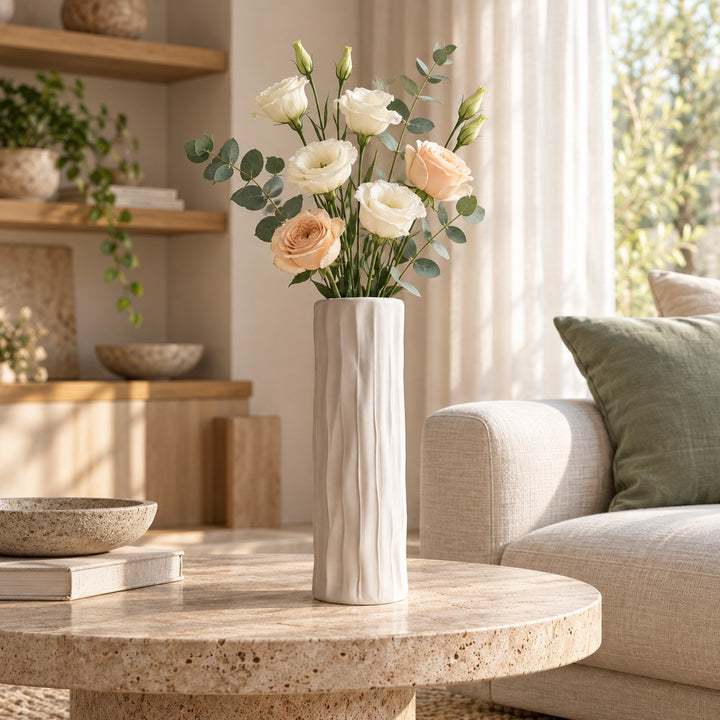 Modern Tall Ceramic Vase Cylinder White Textured Bark-Effect 40 cm for Dried Arrangements