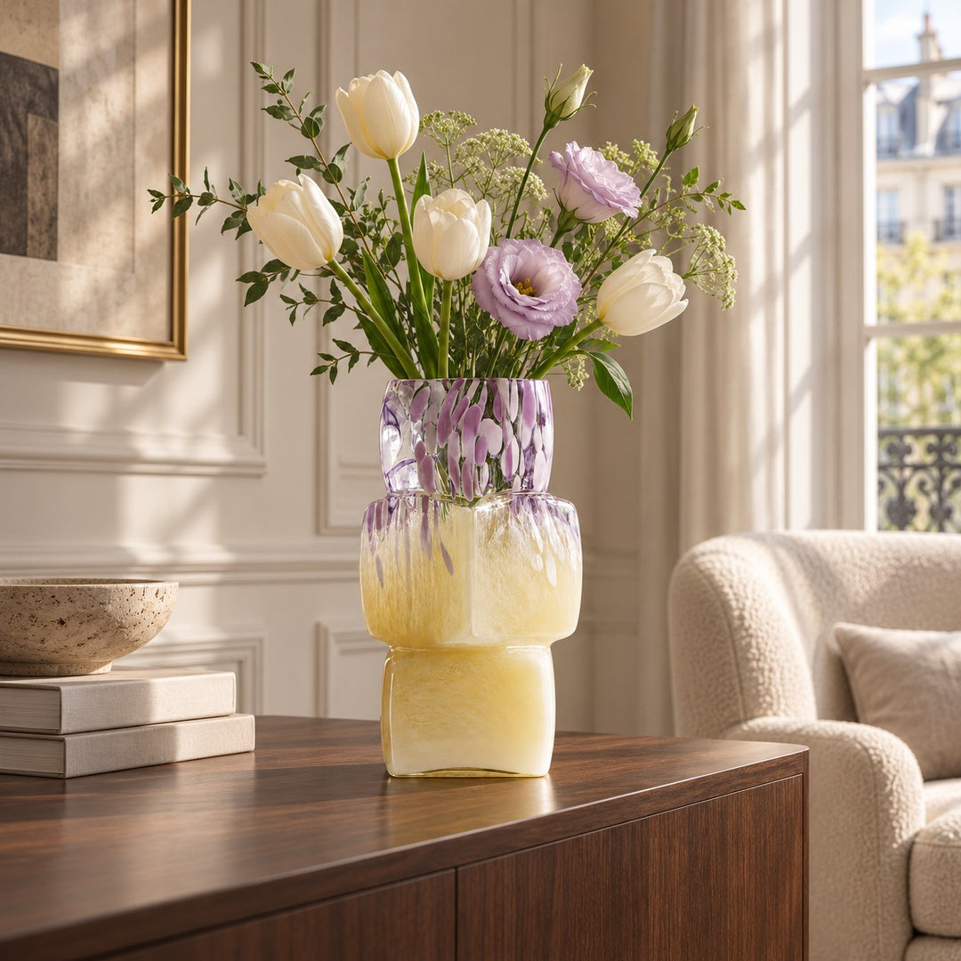 Modern Glass Vase Cube-Form Handcrafted Yellow Lavender Speckled Design 30cm Home Decor