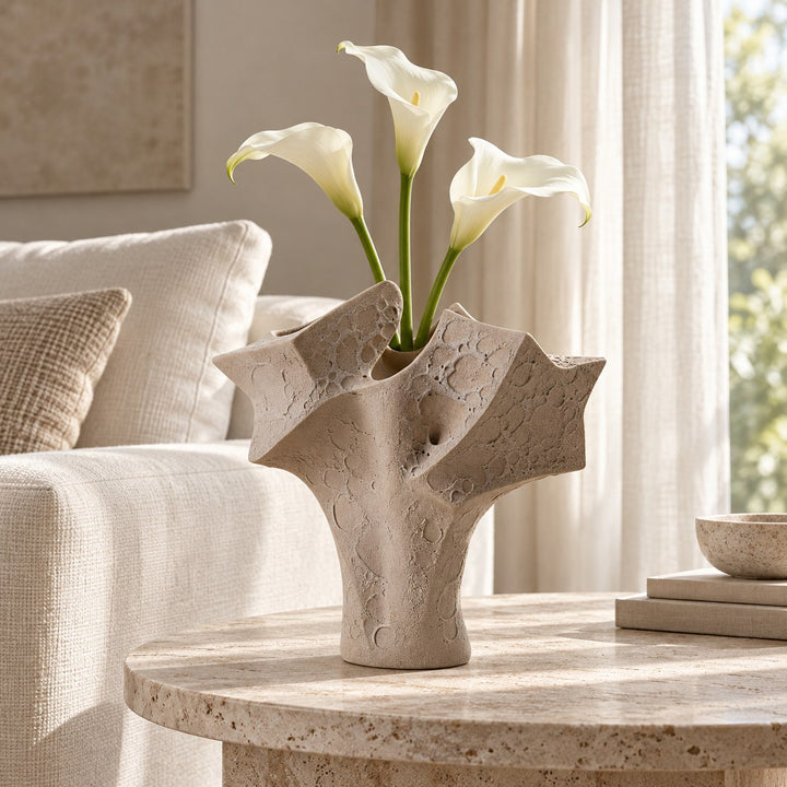 Organic Textured Ceramic Vase Large Sculptural Form 39 cm Neutral Sand Finish
