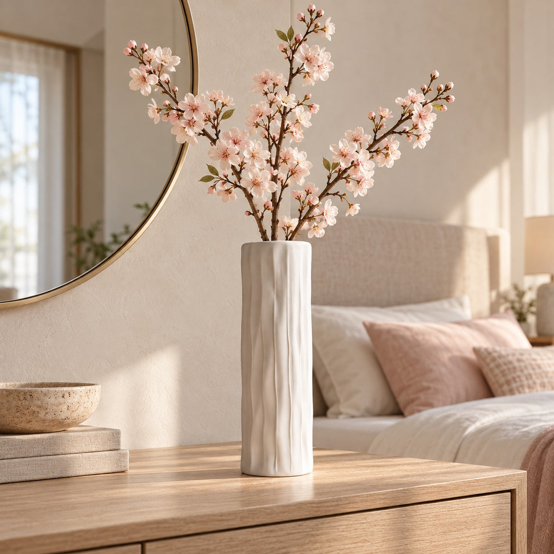 Modern Tall Ceramic Vase Cylinder White Textured Bark-Effect 40 cm for Dried Arrangements