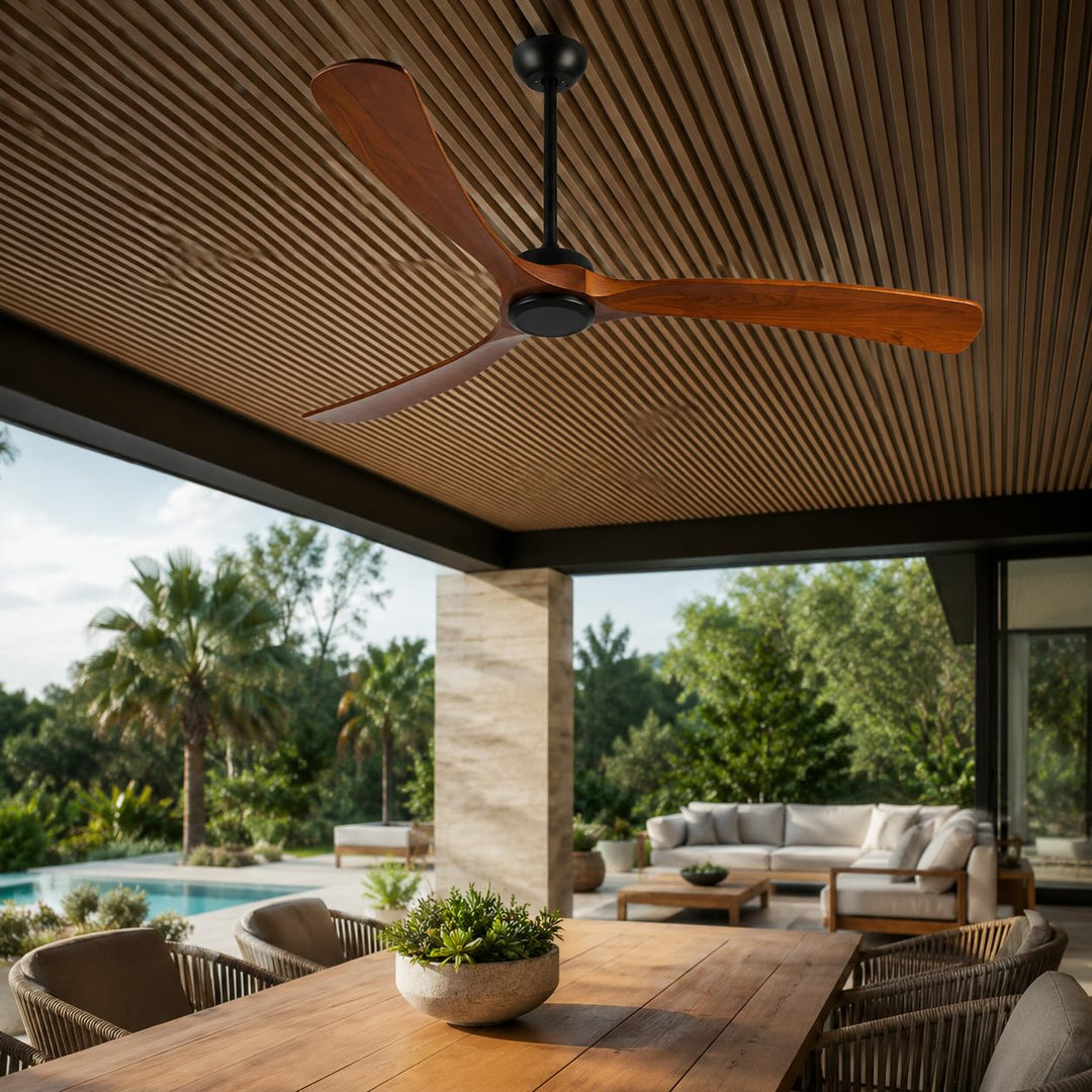 Modern Outdoor Ceiling Fan with Walnut Wood Blades IP65 Waterproof Rating and 6-Speed Motor