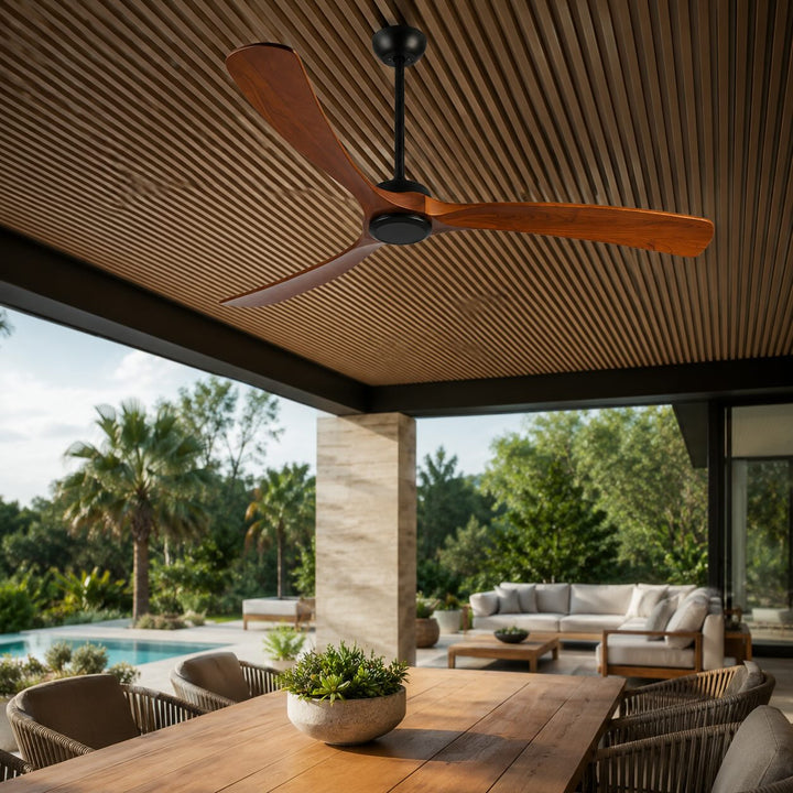 Modern Outdoor Ceiling Fan with Walnut Wood Blades IP65 Waterproof Rating and 6-Speed Motor