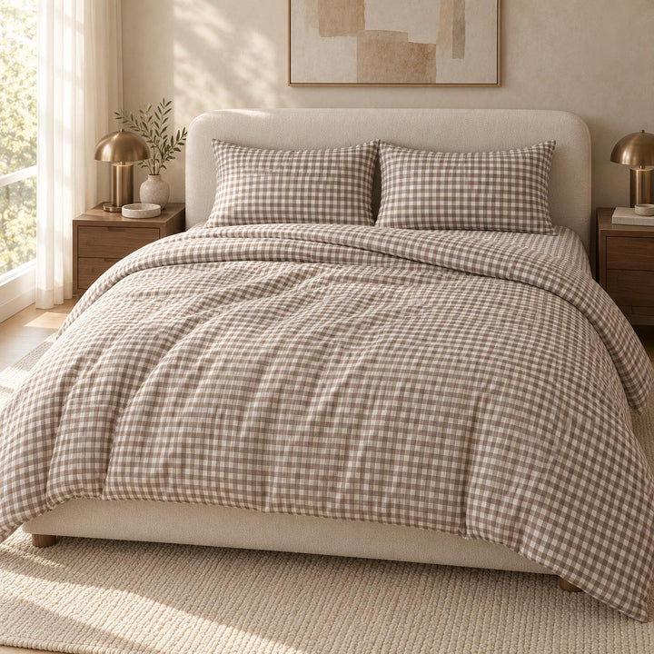 Classic Gingham Bedding Set Cotton Duvet Covers with Invisible Zipper and Corner Ties