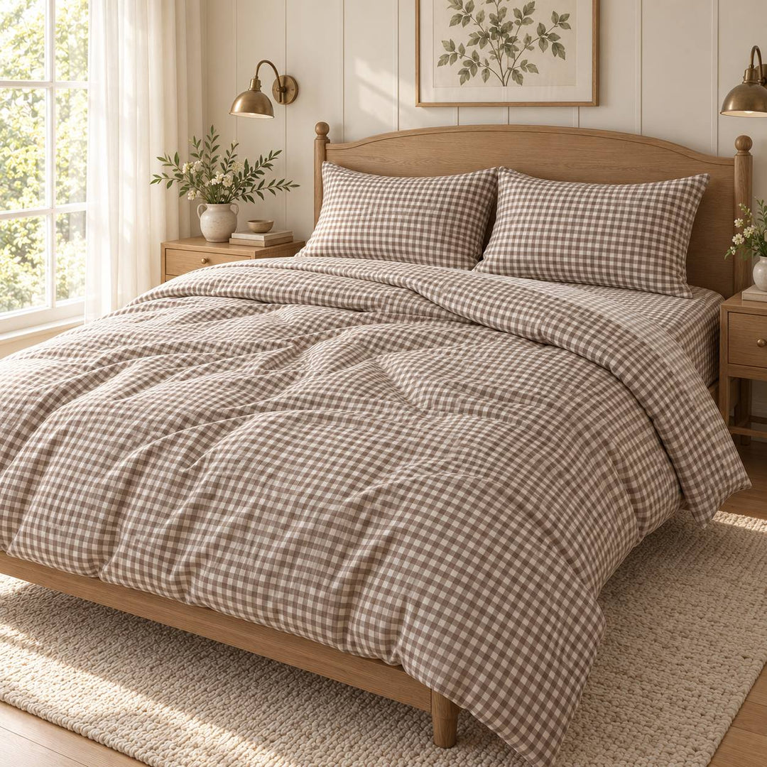 Classic Gingham Bedding Set Cotton Duvet Covers with Invisible Zipper and Corner Ties