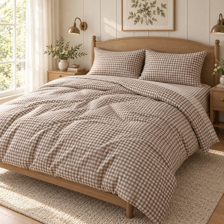 Classic Gingham Bedding Set Cotton Duvet Covers with Invisible Zipper and Corner Ties