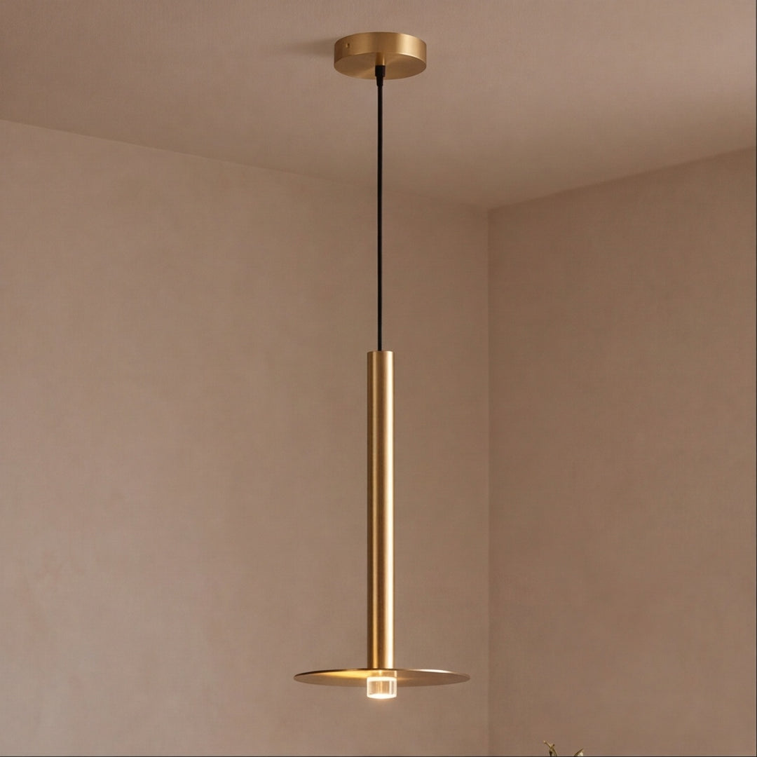 Modern Brass Disc LED Pendant Light with Slim Architectural Stem