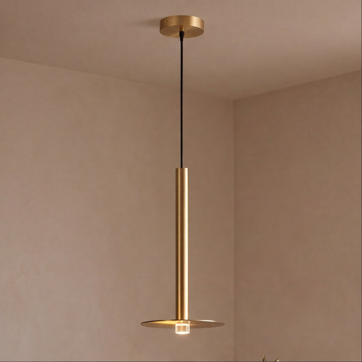 Modern Brass Disc LED Pendant Light with Slim Architectural Stem