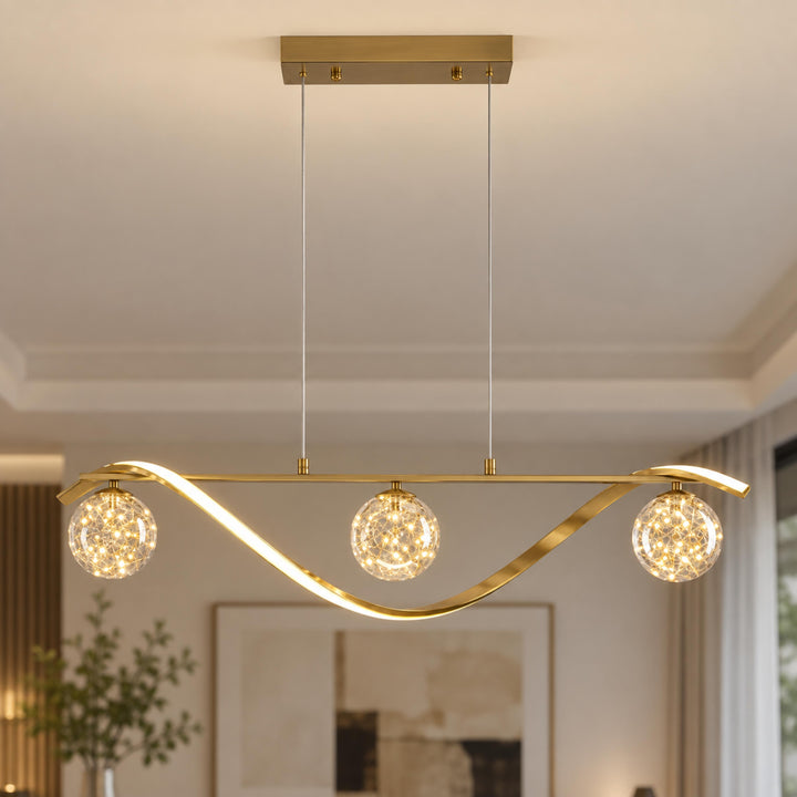 Modern Linear Pendant Light with Adjustable Height Metal Frame and LED Glass Globe Shades for Kitchen Island