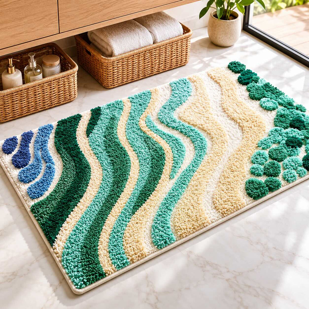 Modern Wavy Bath Mat Microfiber Non-Slip Absorbent Bathroom Mat for Shower Entryway