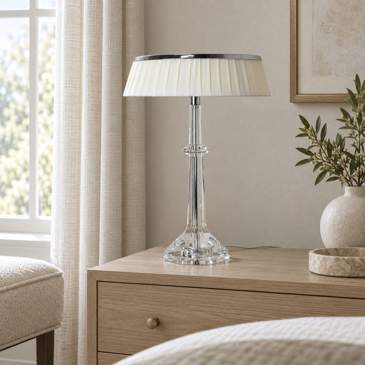 Modern Table Lamp Adjustable Height LED Edge Lighting Chrome Fabric Shade K9 Crystal Base