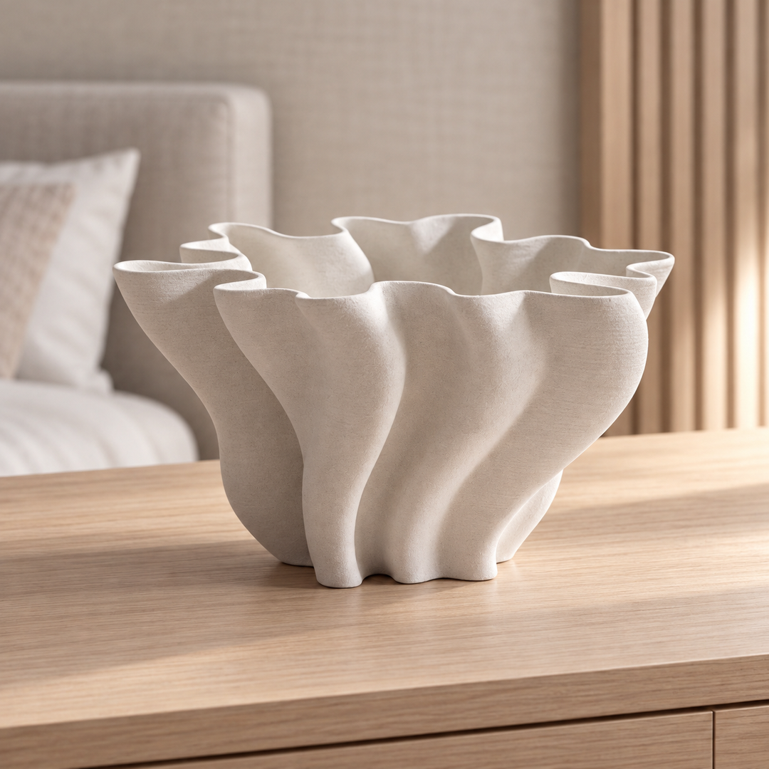 Modern Sculptural Vase 3D Printed Fluted Design White Decorative Bowl 24 cm