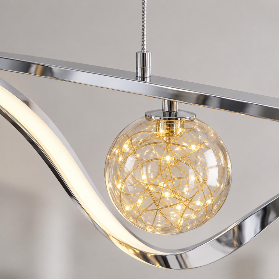 Modern Linear Pendant Light with Adjustable Height Metal Frame and LED Glass Globe Shades for Kitchen Island