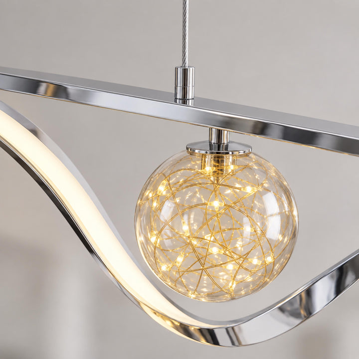 Modern Linear Pendant Light with Adjustable Height Metal Frame and LED Glass Globe Shades for Kitchen Island