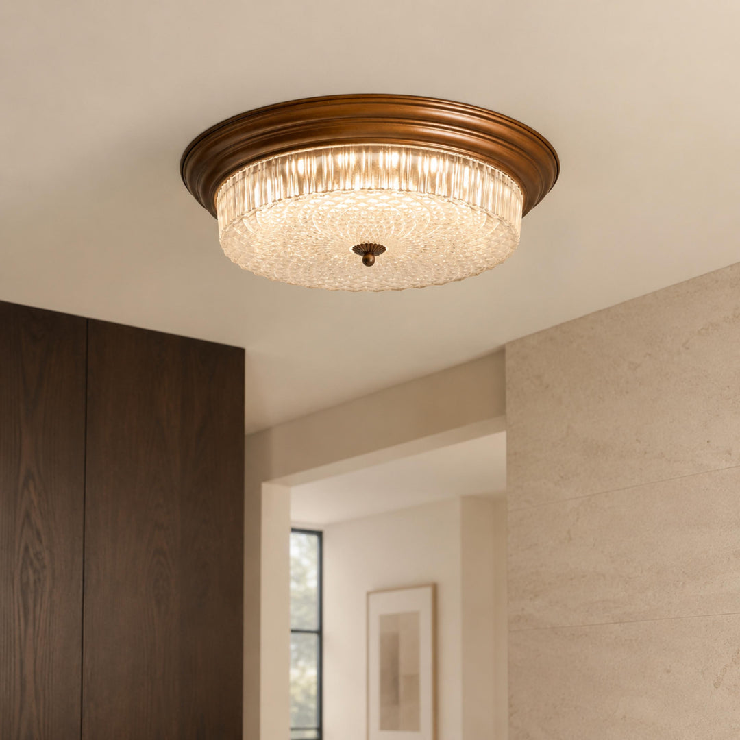 Vintage Brass & Ribbed Glass LED Flush Mount Ceiling Light
