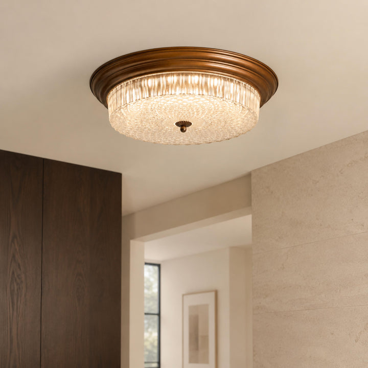 Vintage Brass & Ribbed Glass LED Flush Mount Ceiling Light