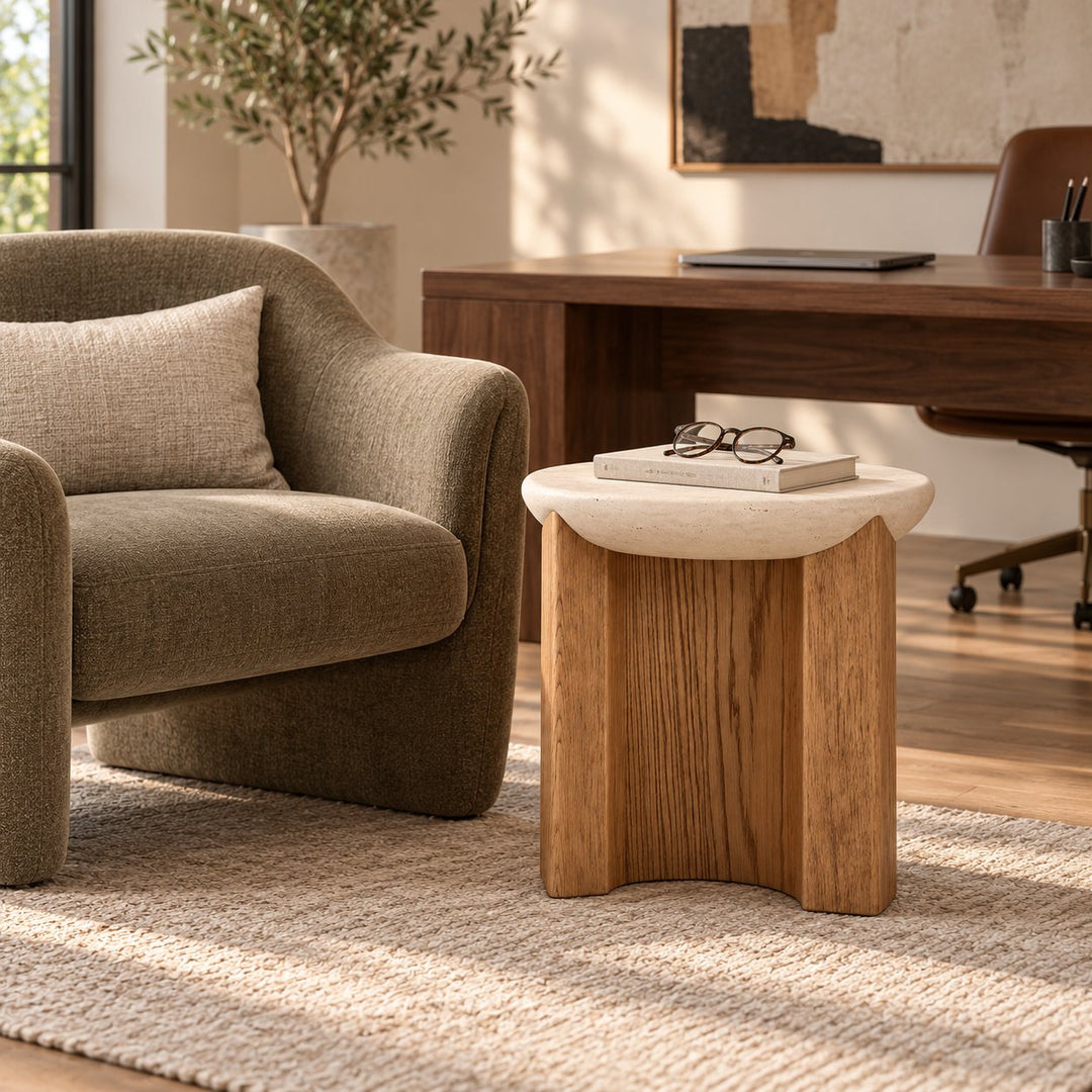 Modern Side Table Irregular Round Shape Solid Wood and Travertine Stone for Contemporary Interiors