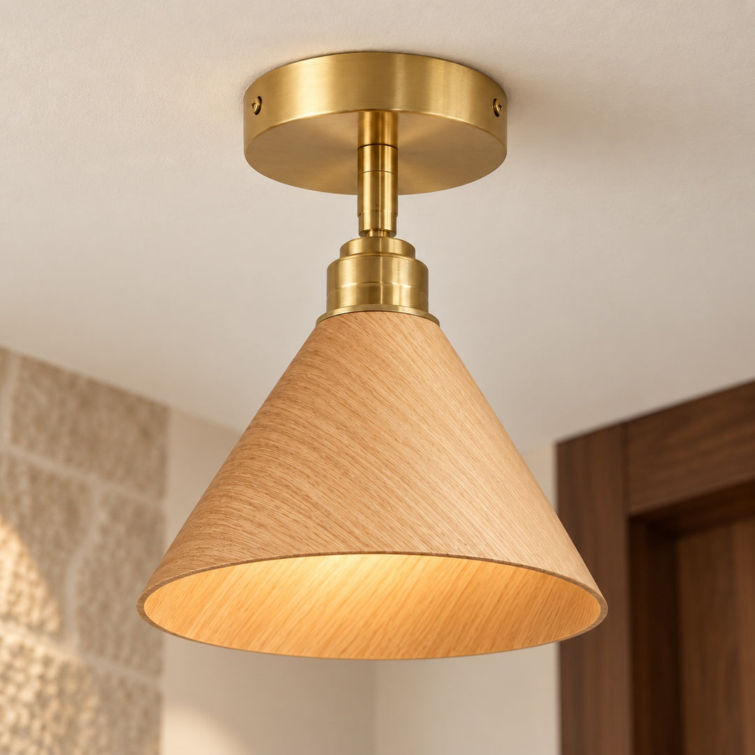 Modern Semi-Flush Ceiling Light Walnut Wood Brushed Brass LED Compatible Indoor Fixture