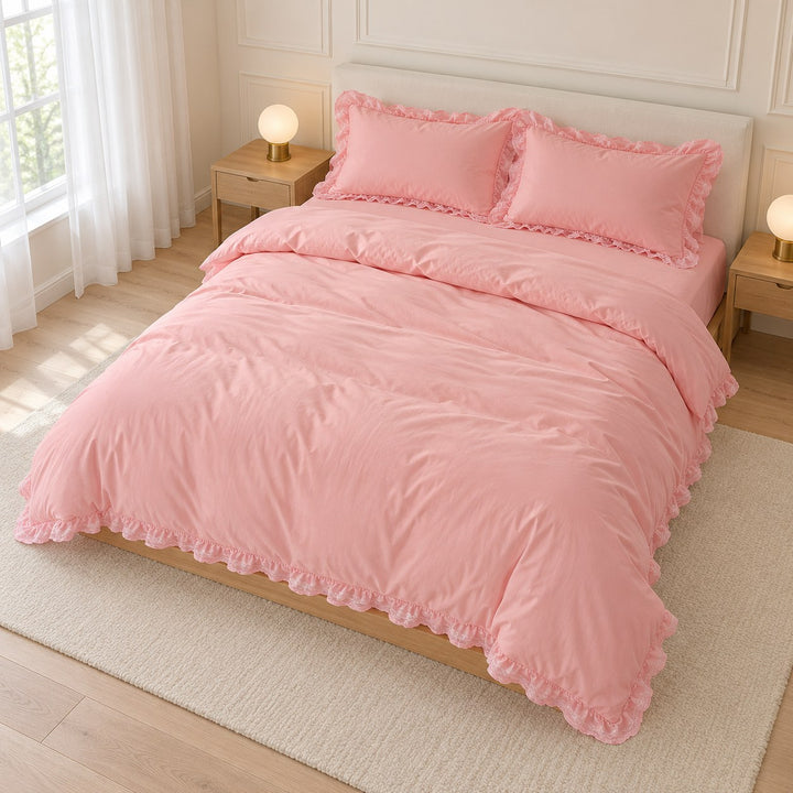Modern Ruffle Lace Bedding Set with Elastic Skirt Bed Sheet and Soft Polyester Material