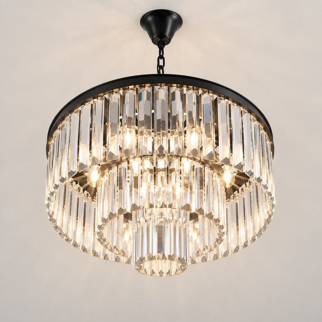 Modern Crystal Chandelier 3-Tier Hanging Light Fixture Black Metal Frame E12 LED Compatible