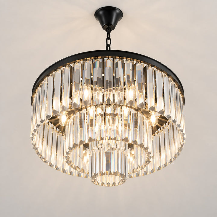 Modern Crystal Chandelier 3-Tier Hanging Light Fixture Black Metal Frame E12 LED Compatible