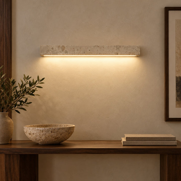 Minimalist Wall Light with Elongated Rectangular Design in Yellow Travertine and Integrated LED
