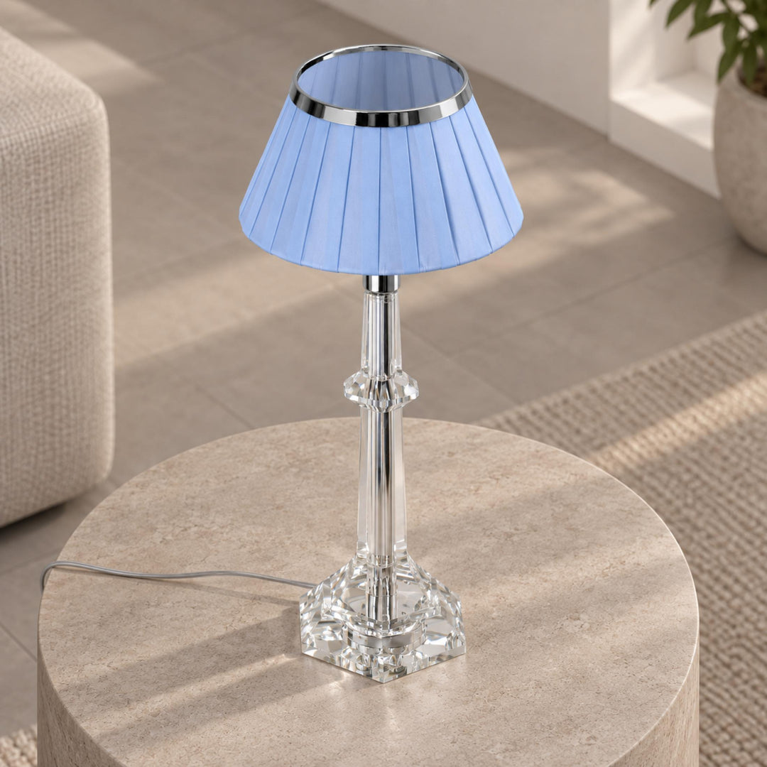 Modern Table Lamp Adjustable Height LED Edge Lighting Chrome Fabric Shade K9 Crystal Base