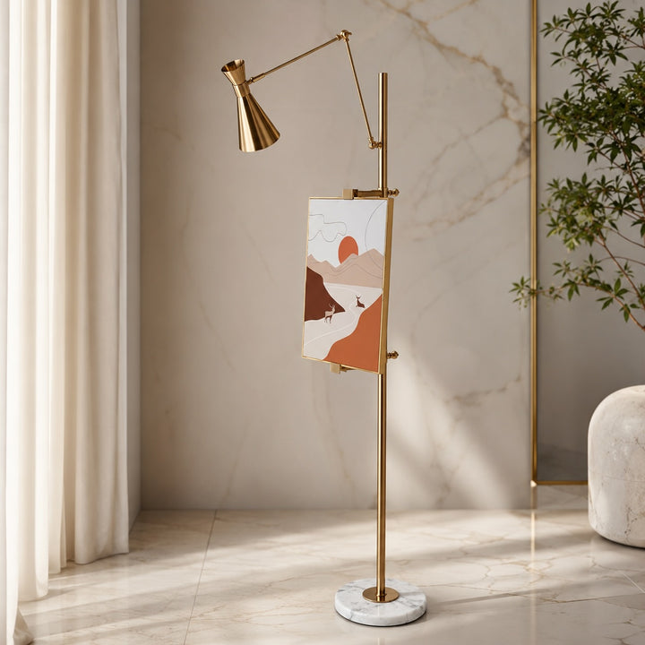 Modern Floor Lamp with Gold Metal Finish and White Marble Base for Living Room Lighting
