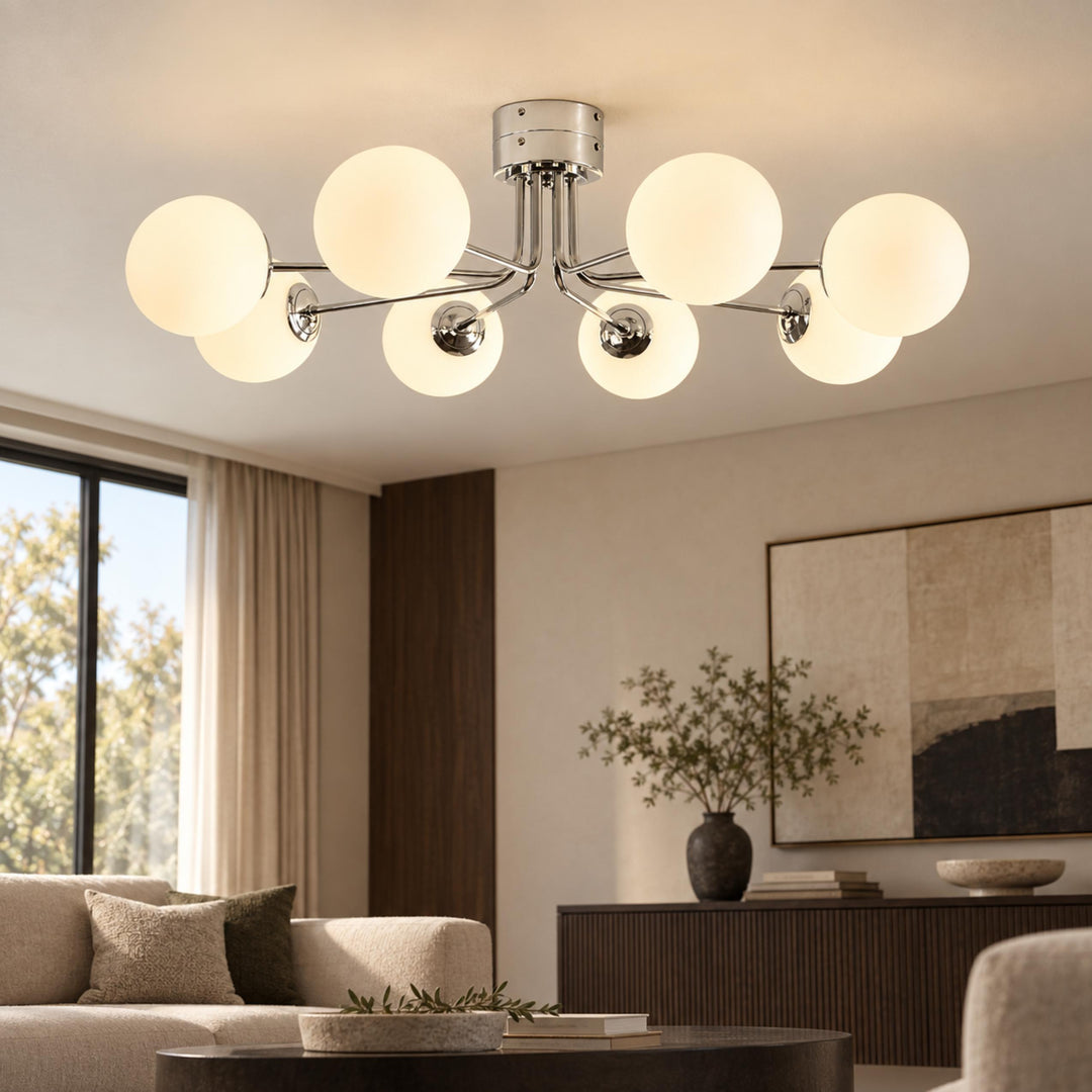 Modern Flush Mount Ceiling Light with Curved Metal and Glass Shade LED Compatible 6 Heads
