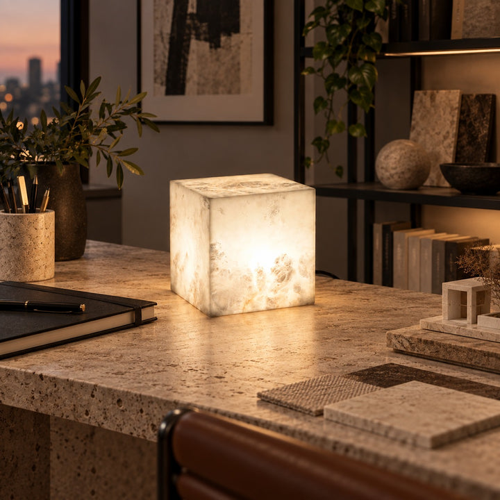 Modern Alabaster Table Lamp Cube Design LED Light for Bedroom or Desk Use