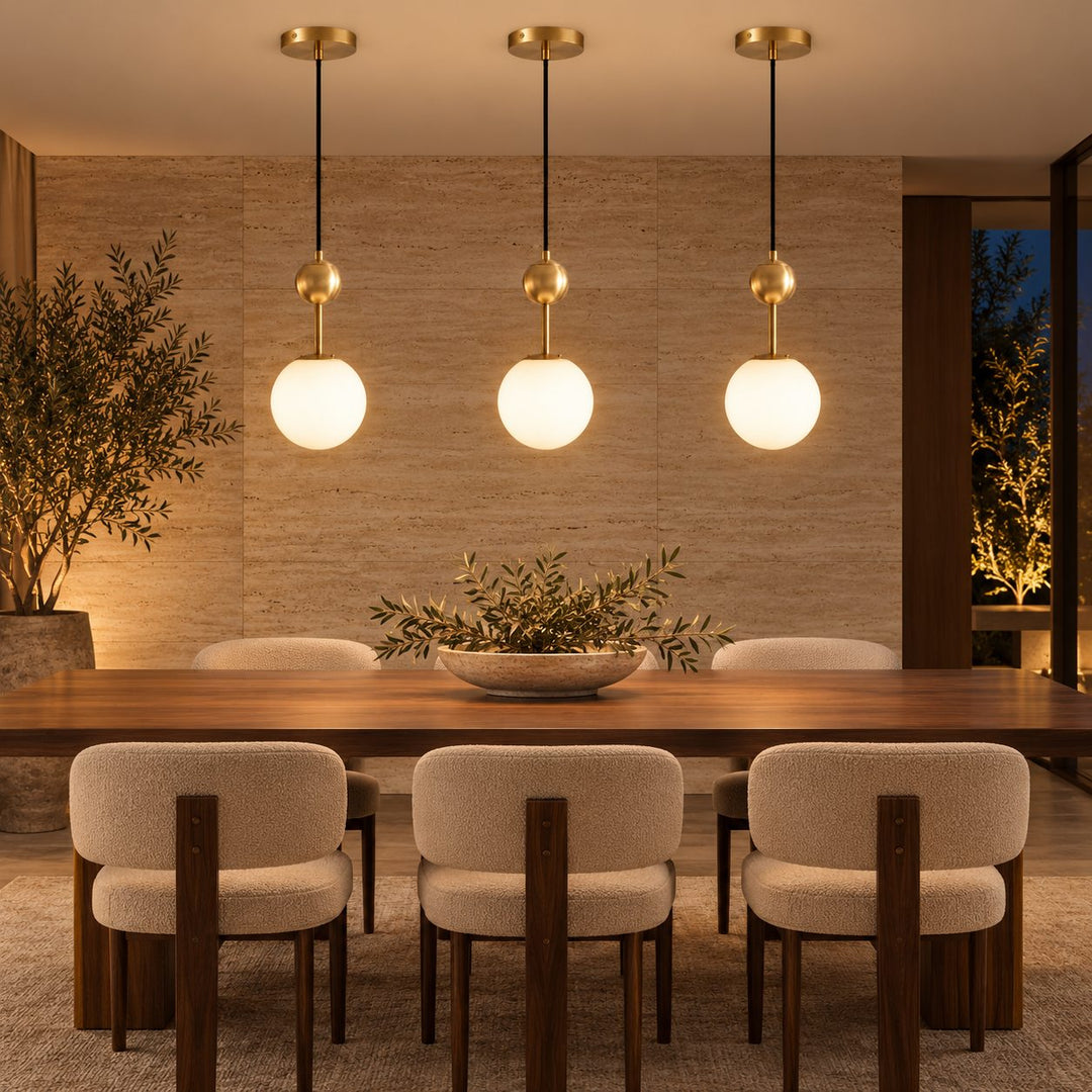 Modern Brass Globe Pendant Light with White Glass Shade – E14 Hanging Light