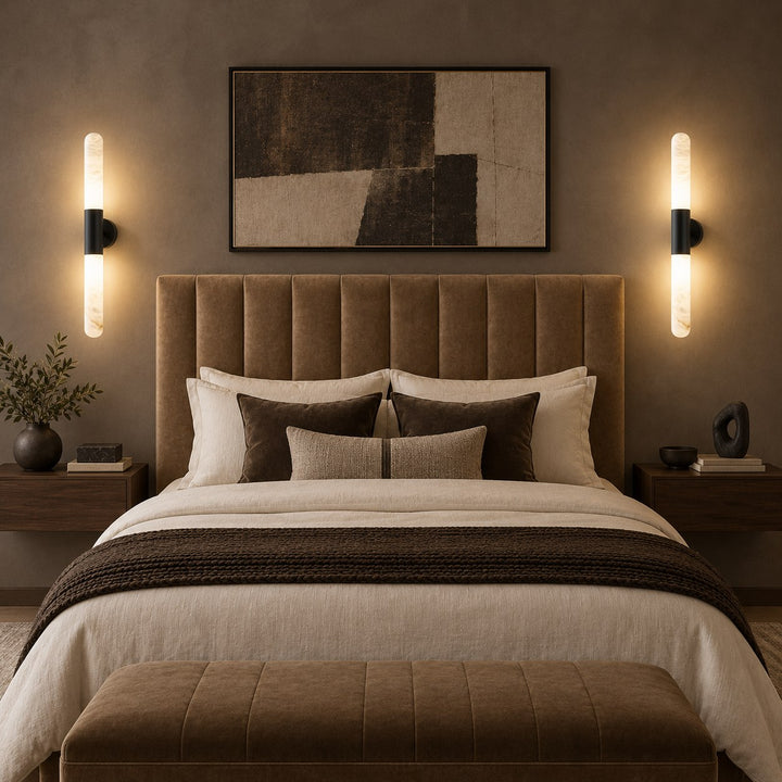 Modern Alabaster Wall Light Brushed Metal Fixture Warm White LED Illumination