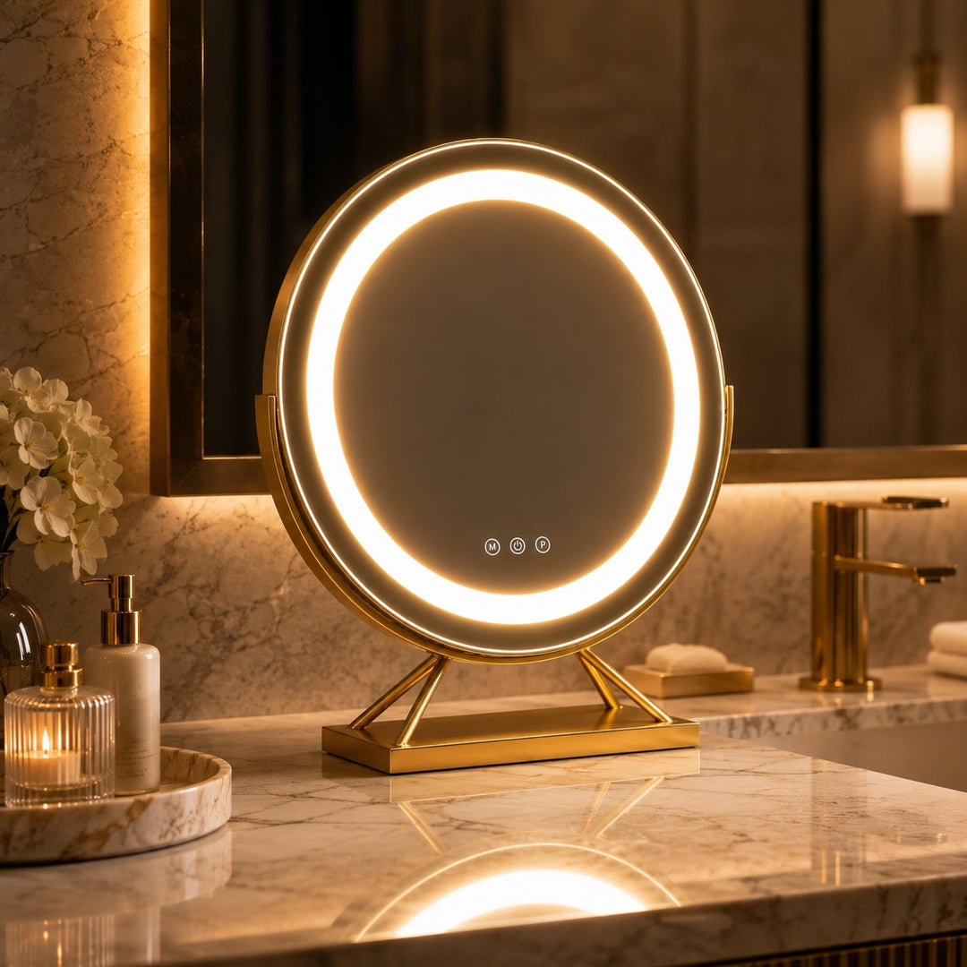 Dimmable Round Makeup Mirror with 15x Magnification and LED Lights for Vanity Desktop Use