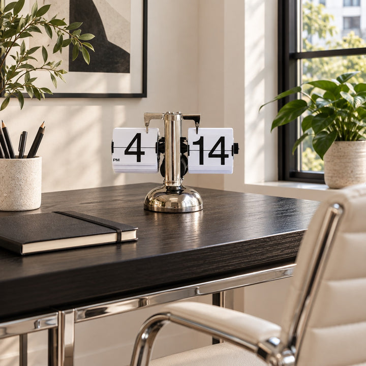 Modern Flip Clock with Stainless Steel and PVC Construction 12-Hour Time Display