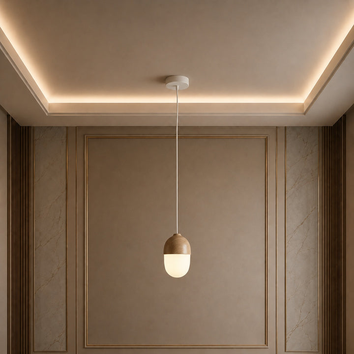 Modern Pendant Light Adjustable Hanging Fixture Wood Look Frosted Glass LED for Kitchen Island